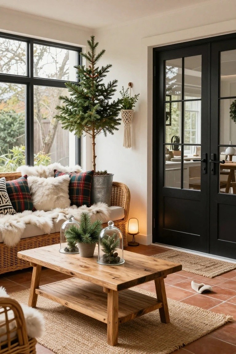 Cozy living area with wicker couch, plaid pillows, small Christmas tree, and wooden coffee table.