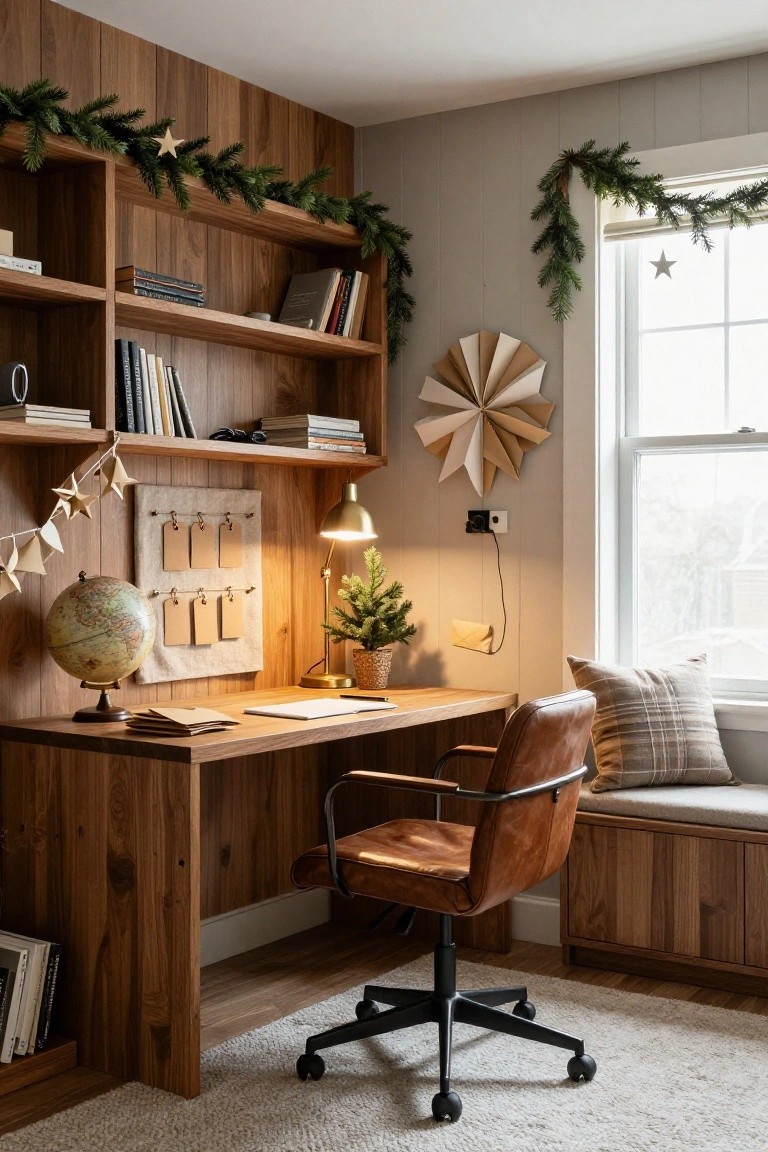 Wooden-paneled home office with built-in shelves stocked with books, a desk holding papers and a lamp, a leather chair, evergreen garlands along the shelves, paper star decorations, and a small potted Christmas tree.