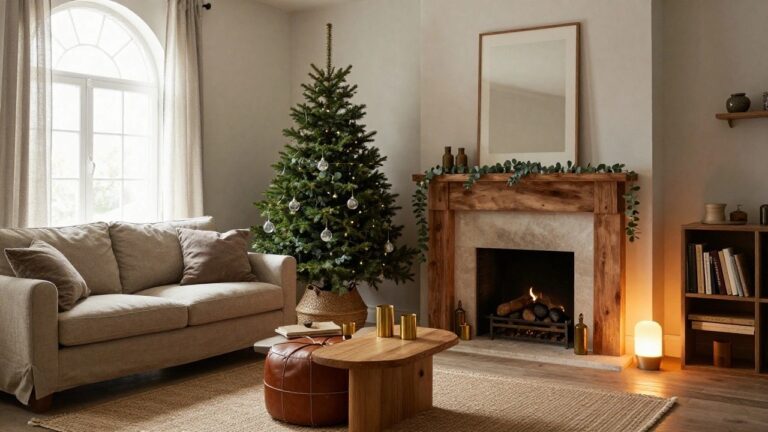 Cozy living room with beige sofa, wooden coffee table holding brass cups and candles, small potted Christmas tree in basket, stone fireplace topped by wooden beam with eucalyptus and pine garland plus hanging glass ornaments, seagrass rug on wood floor.