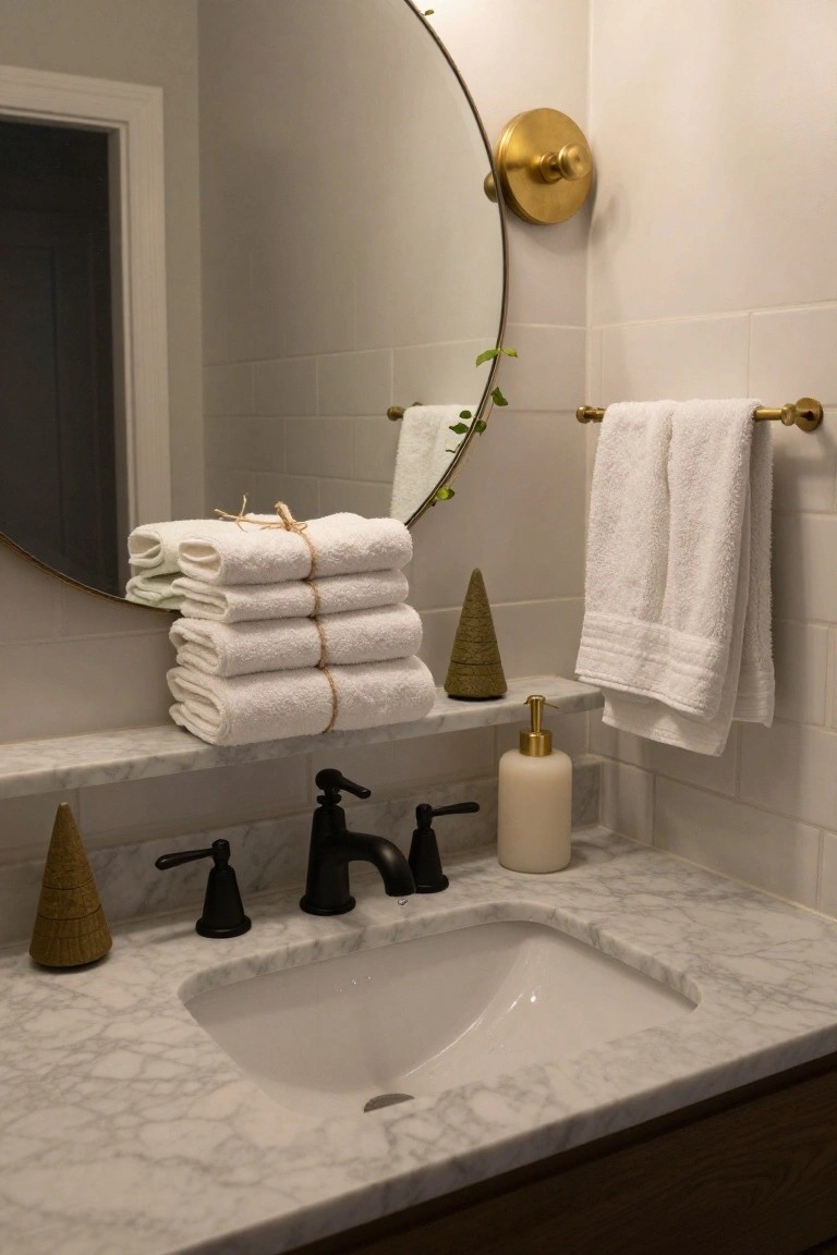 Bathroom vanity with white marble sink and black faucet, gold soap dispenser, two small decorative Christmas trees on the ledge, stacked white towels tied with twine on a shelf next to a round mirror, ivy on the mirror edge, and white towels hanging on a gold bar against white tiled walls.