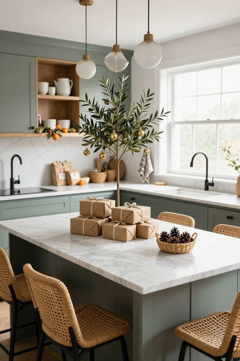 Sage green kitchen with marble island holding a small decorated olive tree, stacked wrapped gifts, pinecone basket in woven container, rattan barstools, and holiday elements on open shelves and counters.
