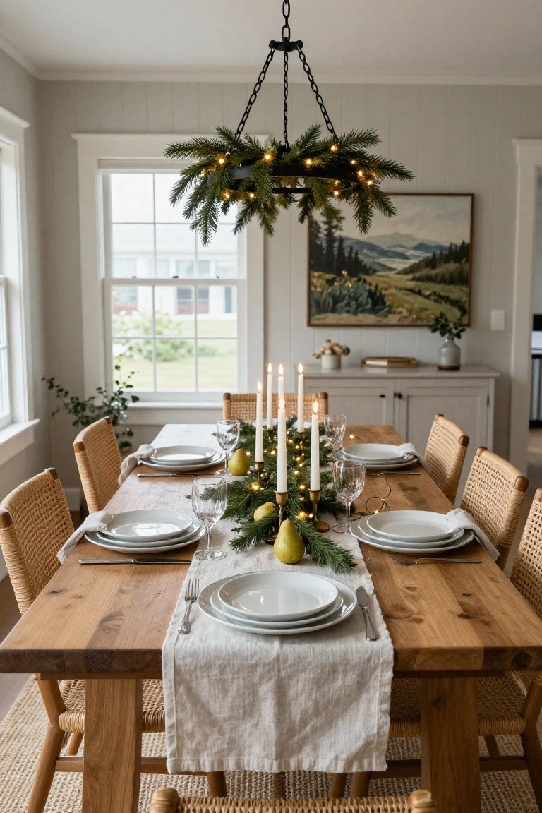 Dining room with rustic wooden table set for Christmas featuring stacked white plates, wine glasses, lit candles, pear and evergreen centerpiece on linen runner, rattan chairs, sideboard, and black chandelier wrapped in lit evergreen garland, light gray paneled walls, window, and mountain painting.