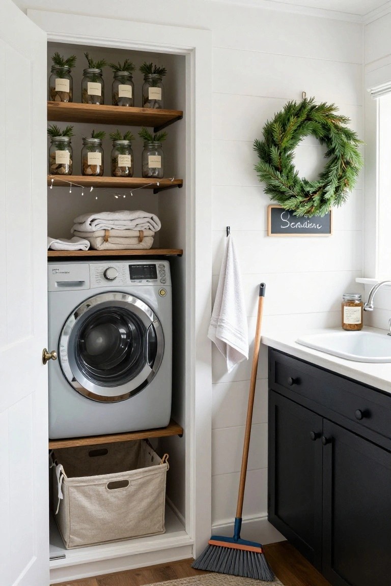 Open door of a laundry closet revealing wooden shelves with jars of evergreen sprigs, folded white towels in a basket, and a lower storage bin, next to a front-loading white washer, with a broom, sink, black cabinets, holiday wreath, and "Seasons Greetings" sign visible.