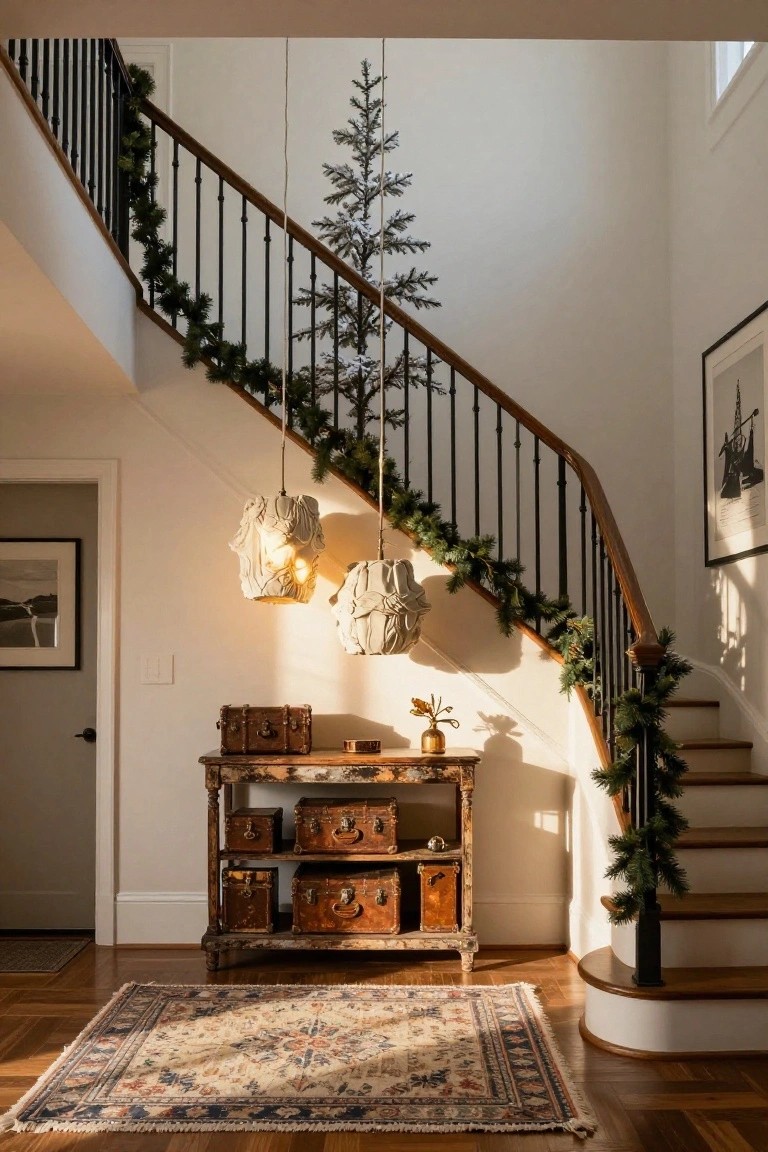 A curving wooden staircase with black metal railings wrapped in green Christmas garlands and a small artificial tree suspended from the ceiling, flanked by fabric pendant lights and a wooden rack of vintage leather suitcases on a patterned rug in a light entry hall.