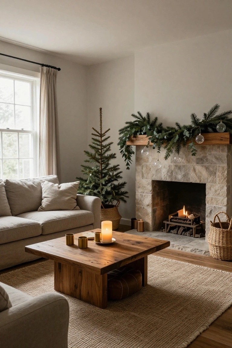 Cozy living room with beige sofa, wooden coffee table holding brass cups and candles, small potted Christmas tree in basket, stone fireplace topped by wooden beam with eucalyptus and pine garland plus hanging glass ornaments, seagrass rug on wood floor.