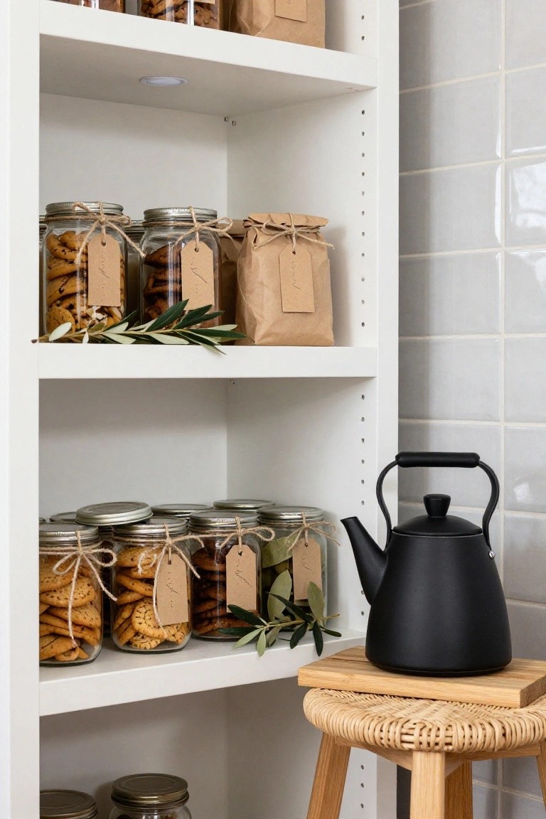 White open shelving in a kitchen holding mason jars of cookies tied with twine and tags, kraft paper bags with labels, olive branches, a black kettle on a rattan stool with wooden top, and jars on lower shelves against a light gray tiled wall.