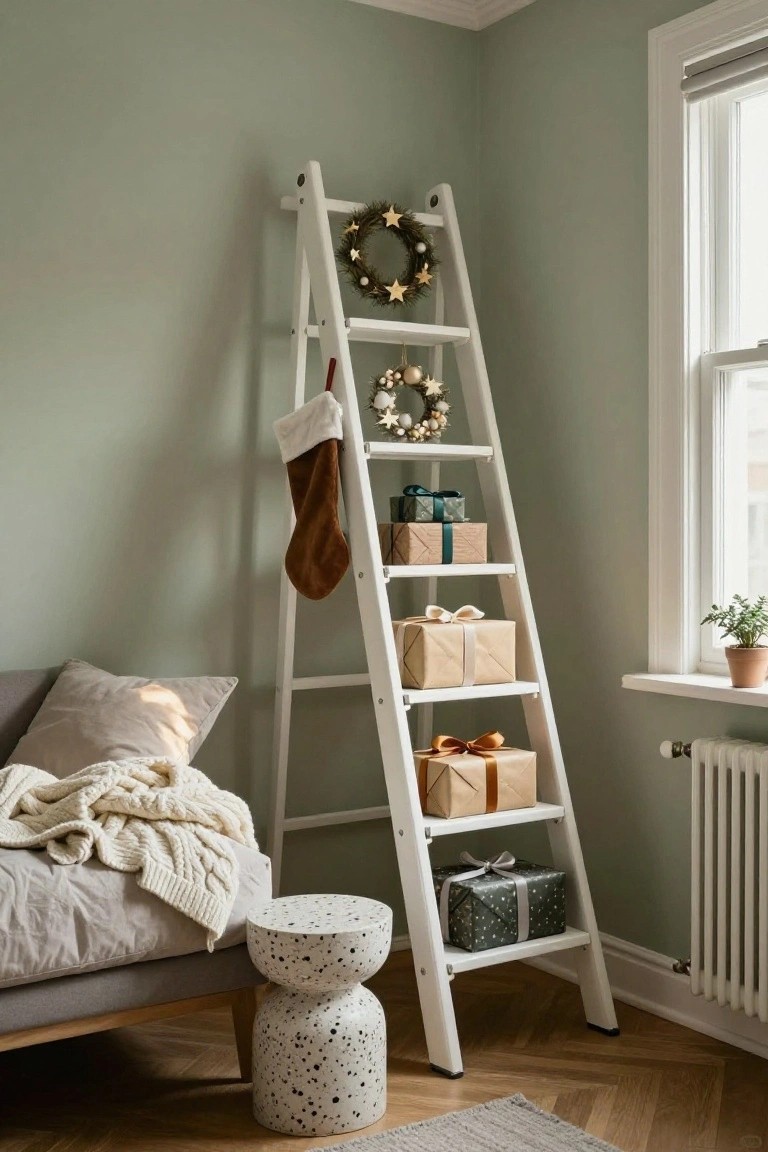 White wooden ladder shelf in corner of sage green room holding wrapped Christmas gifts in beige, green, and orange papers, brown stocking, and small wreaths, next to gray sofa with white knit throw and speckled stool.