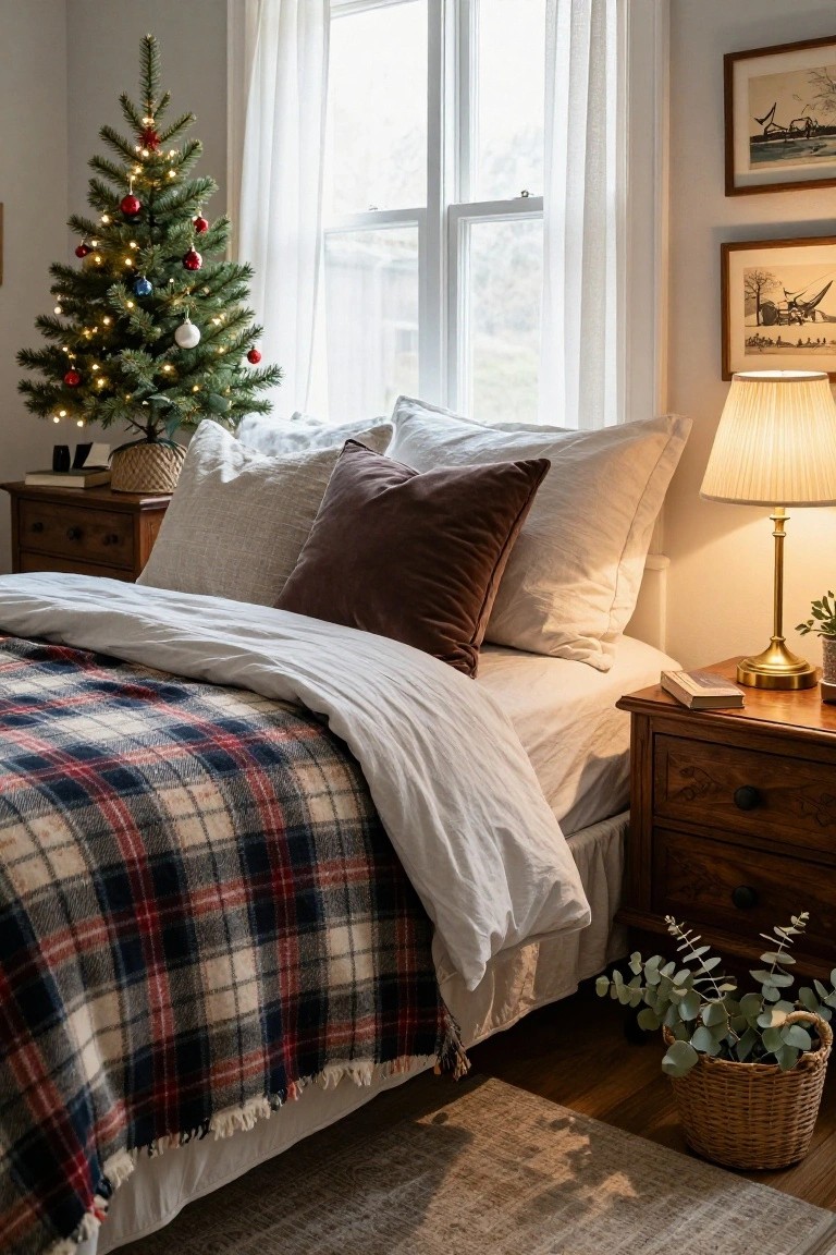 Bedroom with small lit Christmas tree in corner by window, plaid blanket and velvet pillows on bed, wooden nightstand holding lamp book and plant basket, sheer curtains and framed art on walls.