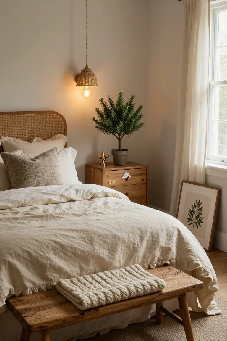 Cozy bedroom featuring neutral linens, a woven lamp, small plant, and wooden decor.
