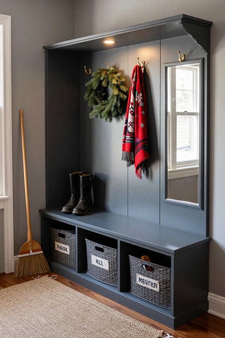 Gray built-in mudroom cabinetry with bench seat, three labeled wicker baskets in cubbies below, black boots on bench, brass hooks holding colorful scarves and Christmas wreaths, full-length mirror on side panel, broom leaning against it.