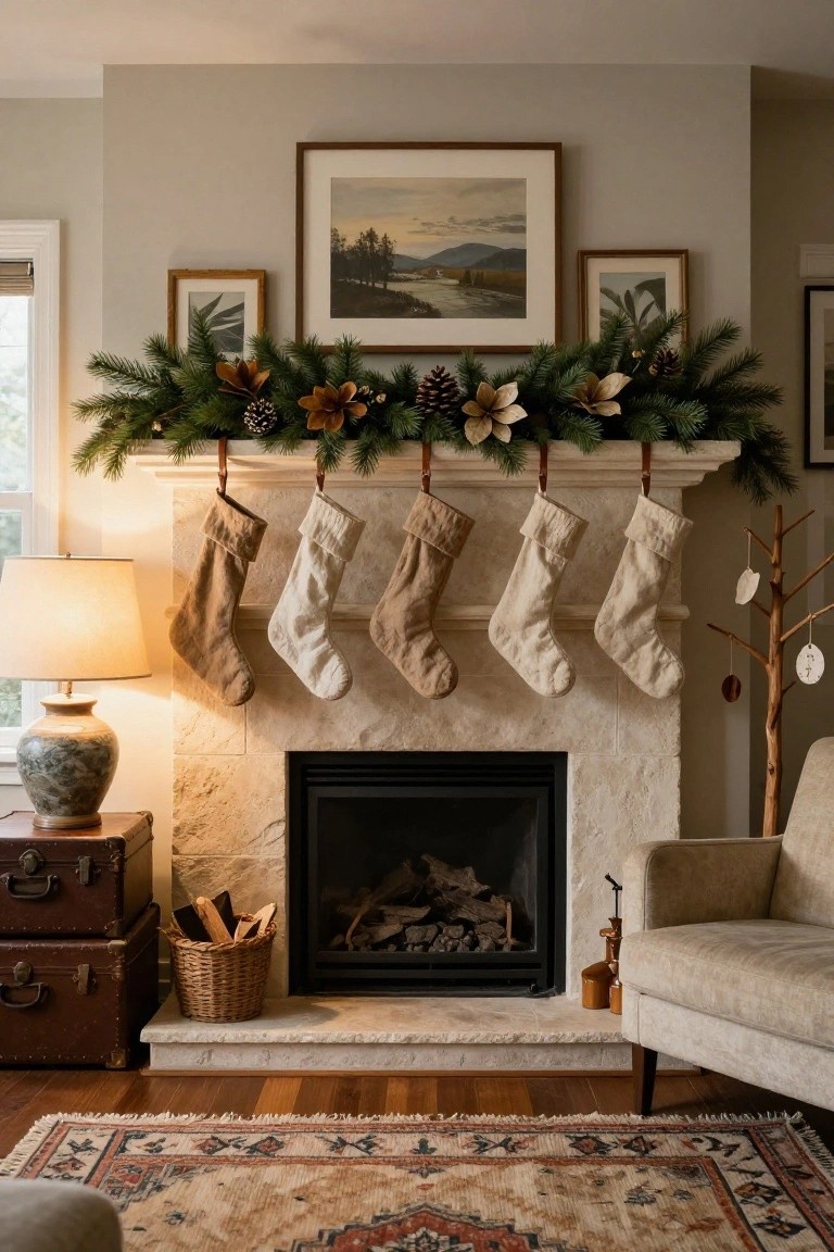 Stone fireplace mantel in a living room decorated with neutral beige and white linen Christmas stockings hanging from an evergreen garland with pinecones and magnolia leaves, beside a lamp and side tables.