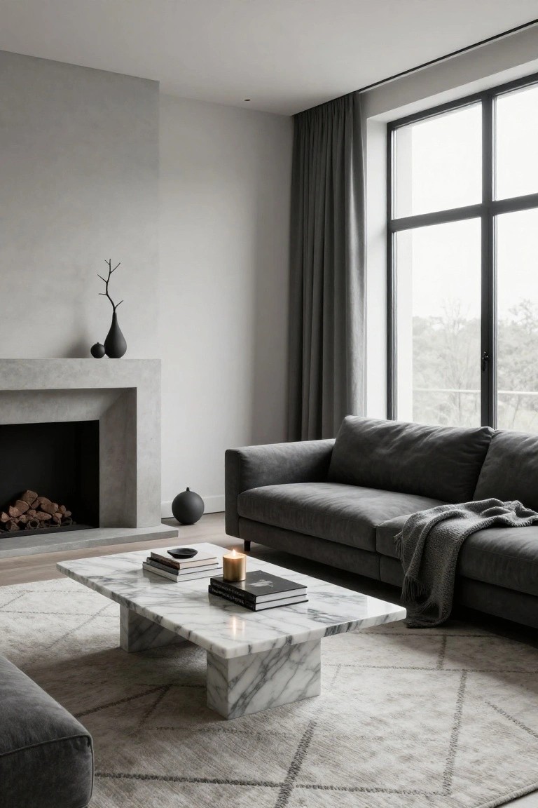 Modern living room interior featuring a gray L-shaped sofa, white marble coffee table with stacked books and a lit candle, concrete fireplace with firewood, black ceramic vases, large window with gray curtains, and a beige patterned rug.