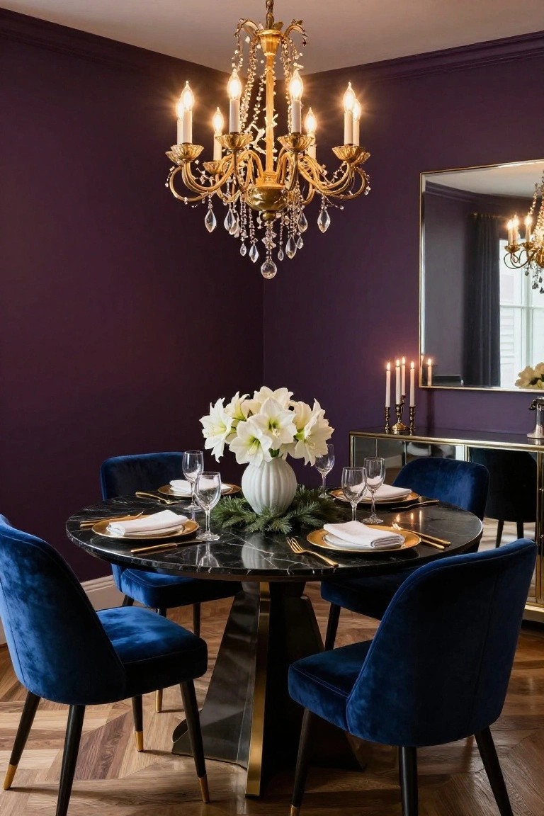 Corner of a deep purple dining room with gold chandelier, round black marble table set with gold flatware white lily centerpiece evergreen garlands blue velvet chairs mirrored sideboard and candles.