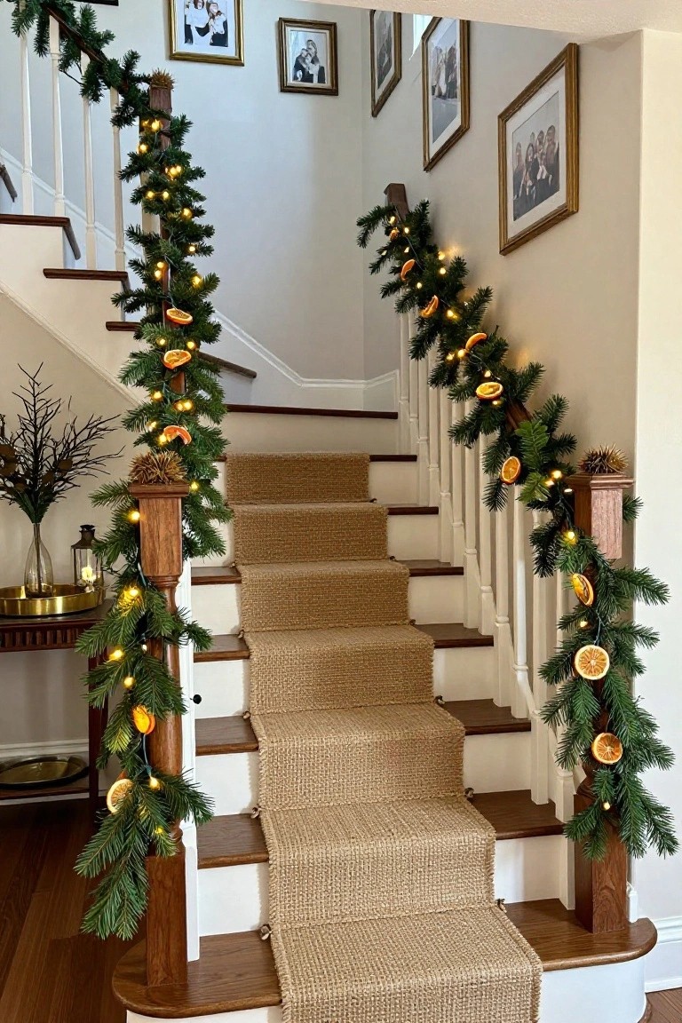 Wooden staircase with beige carpet runner and white railings wrapped in evergreen garland, white fairy lights, and dried orange slices, family photos framed on pale walls.