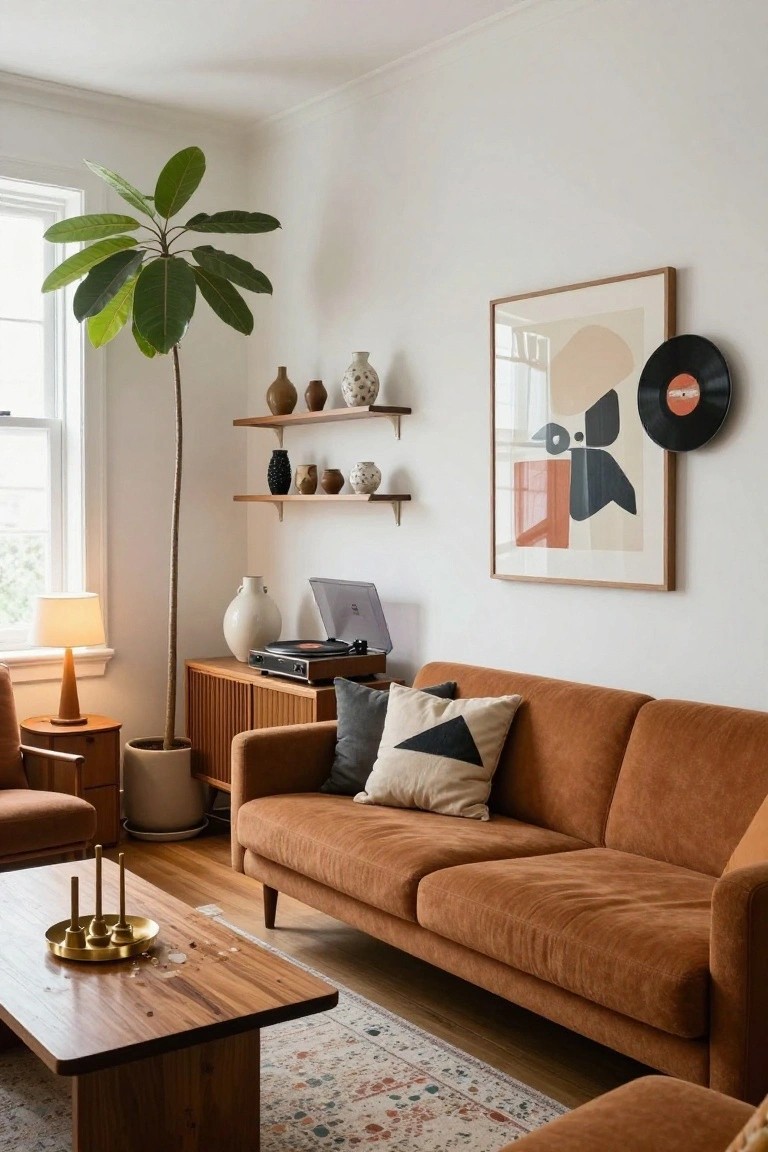 Living room interior with burnt orange corduroy sofa, wooden credenza holding a record player, tall potted palm tree, floating shelves displaying pottery, abstract framed art and vinyl record on wall, brass candelabra on wood coffee table, white walls, and large window.