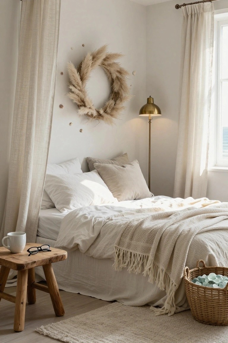 Light bedroom interior with large dried pampas grass wreath on white wall above bed dressed in white sheets and beige pillows, wooden stool bedside table with mug and glasses, gold floor lamp, sheer curtains, and wicker basket of sea glass on floor.