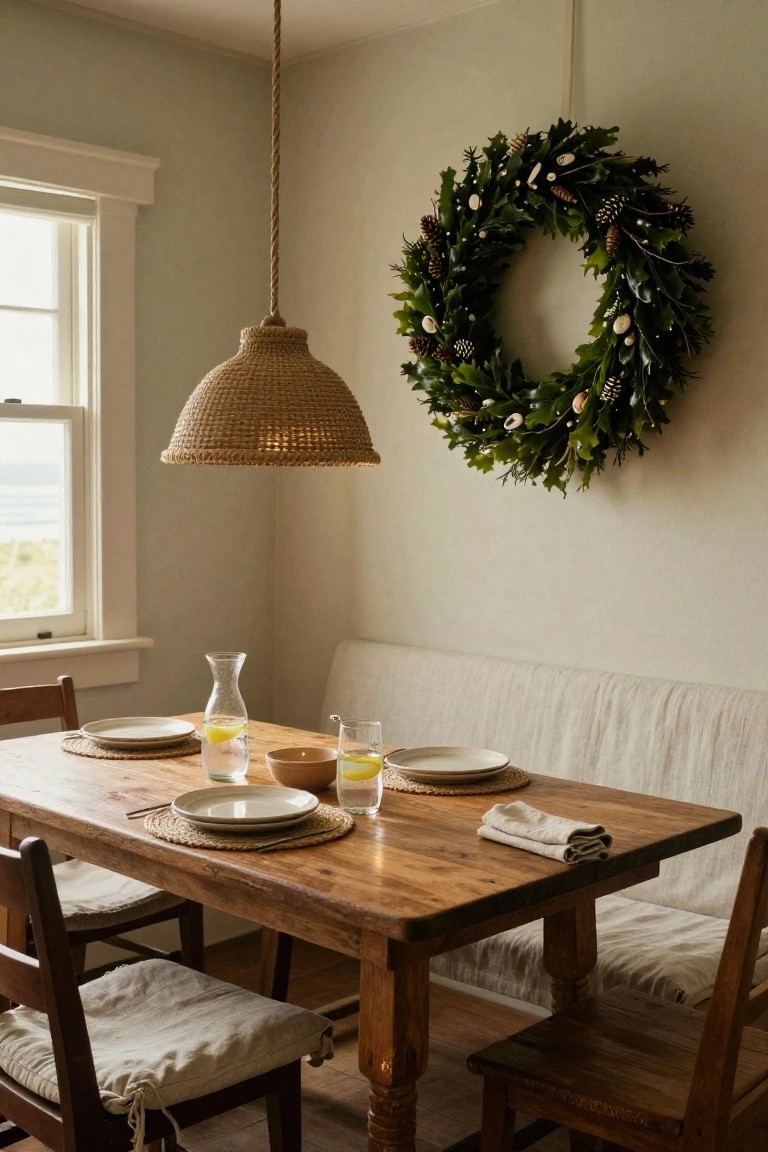 Light interior dining nook with wooden table set for a meal, beige linen bench seating, wooden chairs, rattan pendant light, glass pitcher and tumblers with lemons, and large evergreen wreath with pinecones and shells hanging on the wall next to a window.