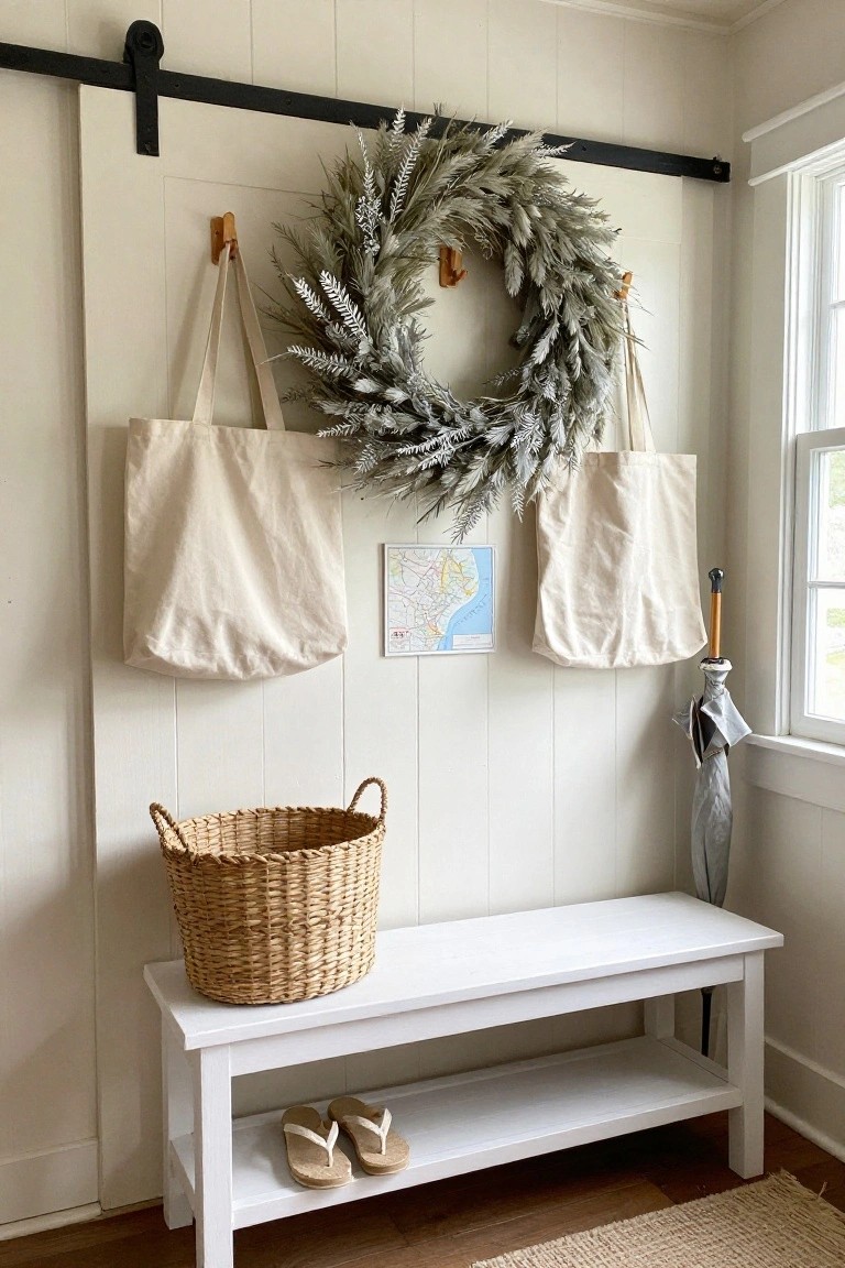 White paneled entryway with sliding barn door, large silvery pampas wreath hanging on wooden hooks next to two beige canvas tote bags, framed coastal map on wall, wicker basket on floor beside white bench holding flip-flops underneath, gray umbrella standing nearby.