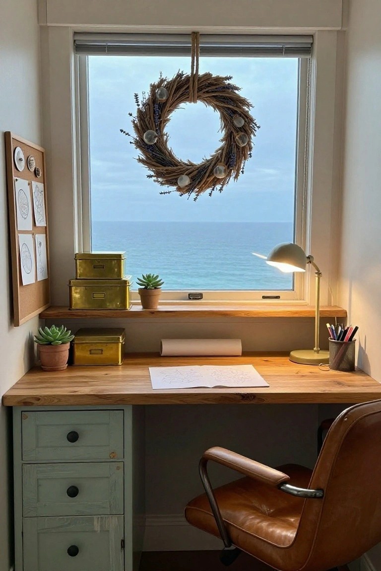Small home office with wooden desk, leather chair, plants, brass boxes on shelf, and wheat-lavender wreath hanging in window overlooking ocean.