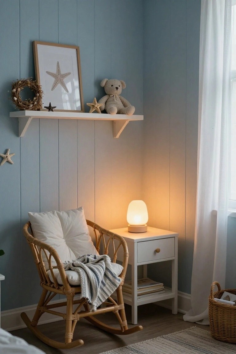 Light blue paneled wall in a nursery corner with floating white shelf holding twig wreath, starfish decor, picture frame, and teddy bear; rattan rocking chair with pillows and blanket next to white side table, lamp, books, and basket on wood floor.