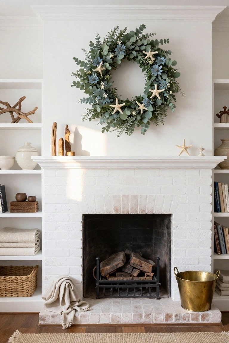 White brick fireplace with a large eucalyptus wreath featuring blue flowers and white starfish hanging above the mantel, flanked by white bookshelves with books, pottery, driftwood, and linens in a sunlit room.