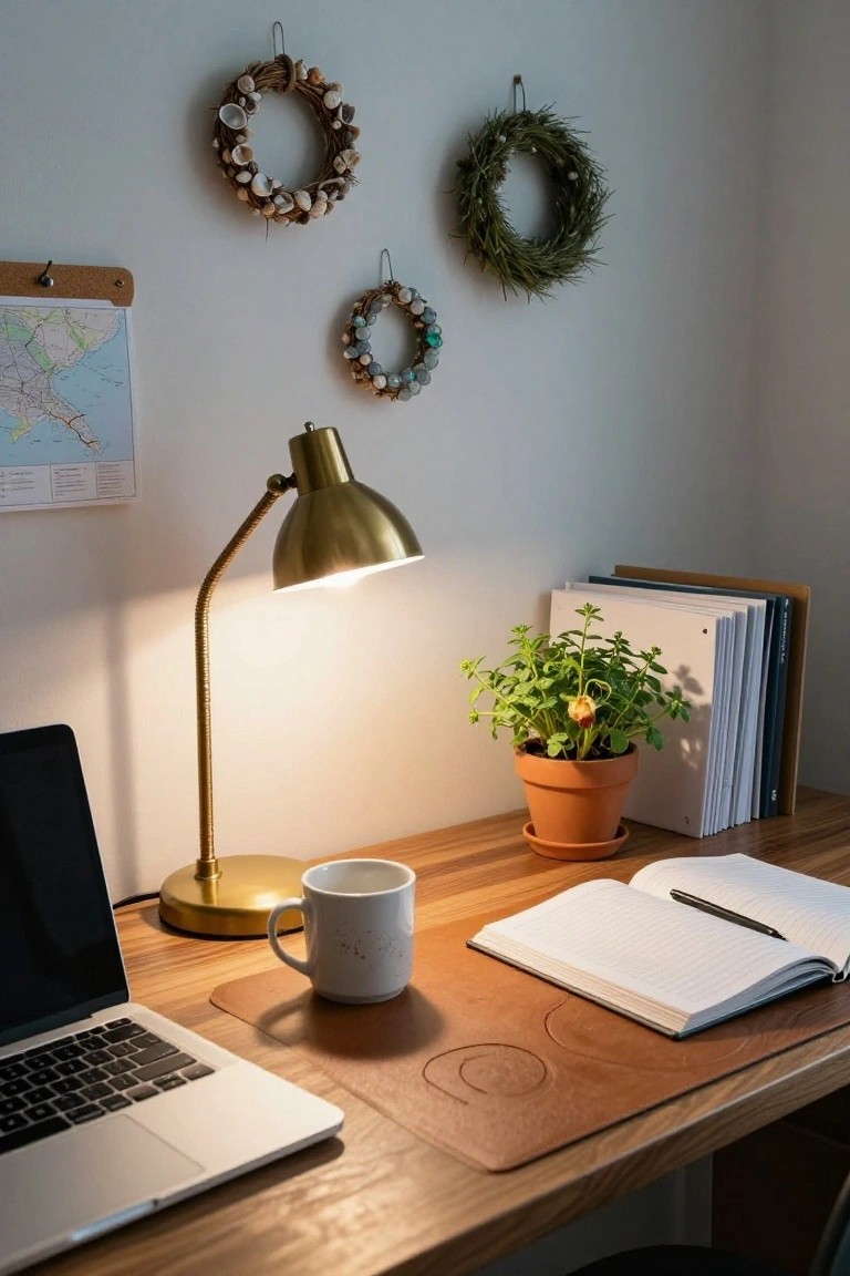 Home office desk setup with open MacBook laptop, gold desk lamp, white mug, potted plant, open notebook, and stacked books, with several wreaths featuring shells and greenery hanging on the wall beside a corkboard map.