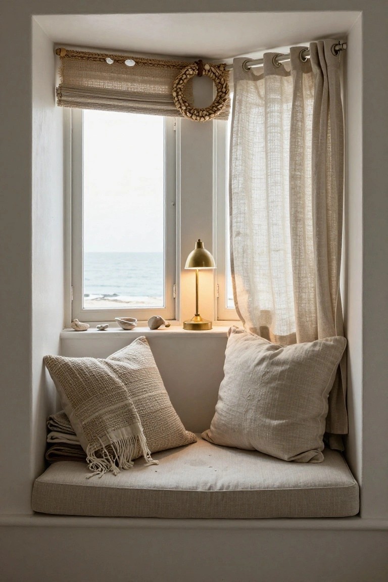 Bay window nook with beige linen curtains and roman shade, shell wreath on curtain rod, brass lamp, textured pillows and throws on cushioned bench, seashells on sill, and ocean view.
