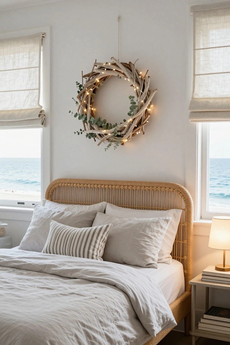 White-walled bedroom with rattan headboard bed dressed in gray linens and striped pillows, driftwood wreath with fairy lights and eucalyptus hanging between two linen-shaded windows overlooking the ocean, bedside table with lamp and stacked books.