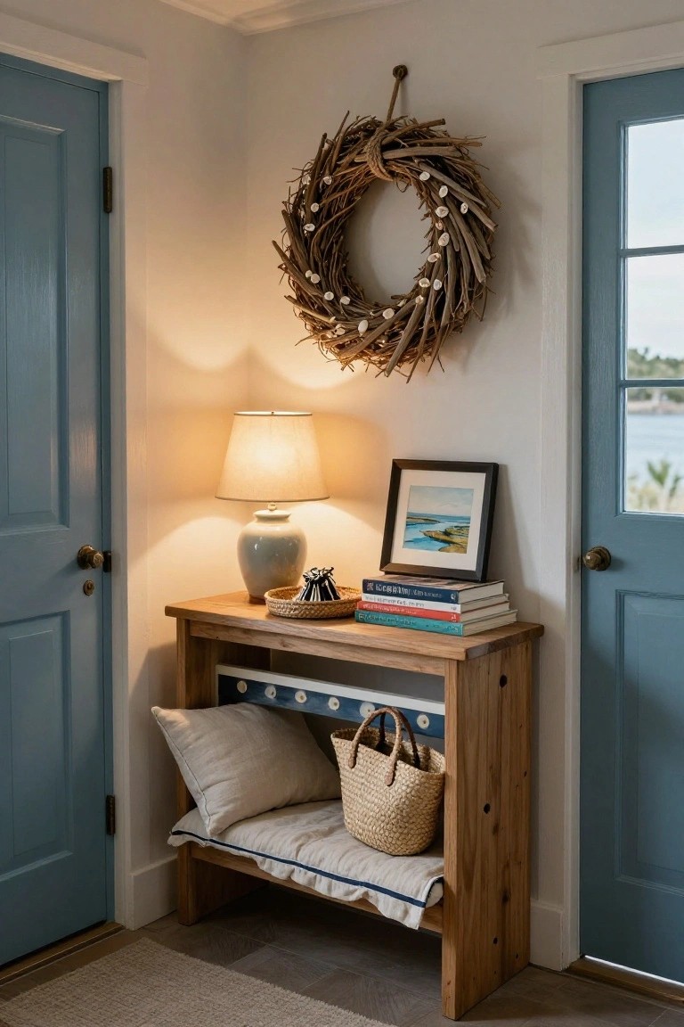 Corner of an interior entryway between two blue doors, with a wooden console bench holding a beige pillow, straw basket, lamp, books, and small painting, and a large driftwood wreath with shells hanging on the white wall.