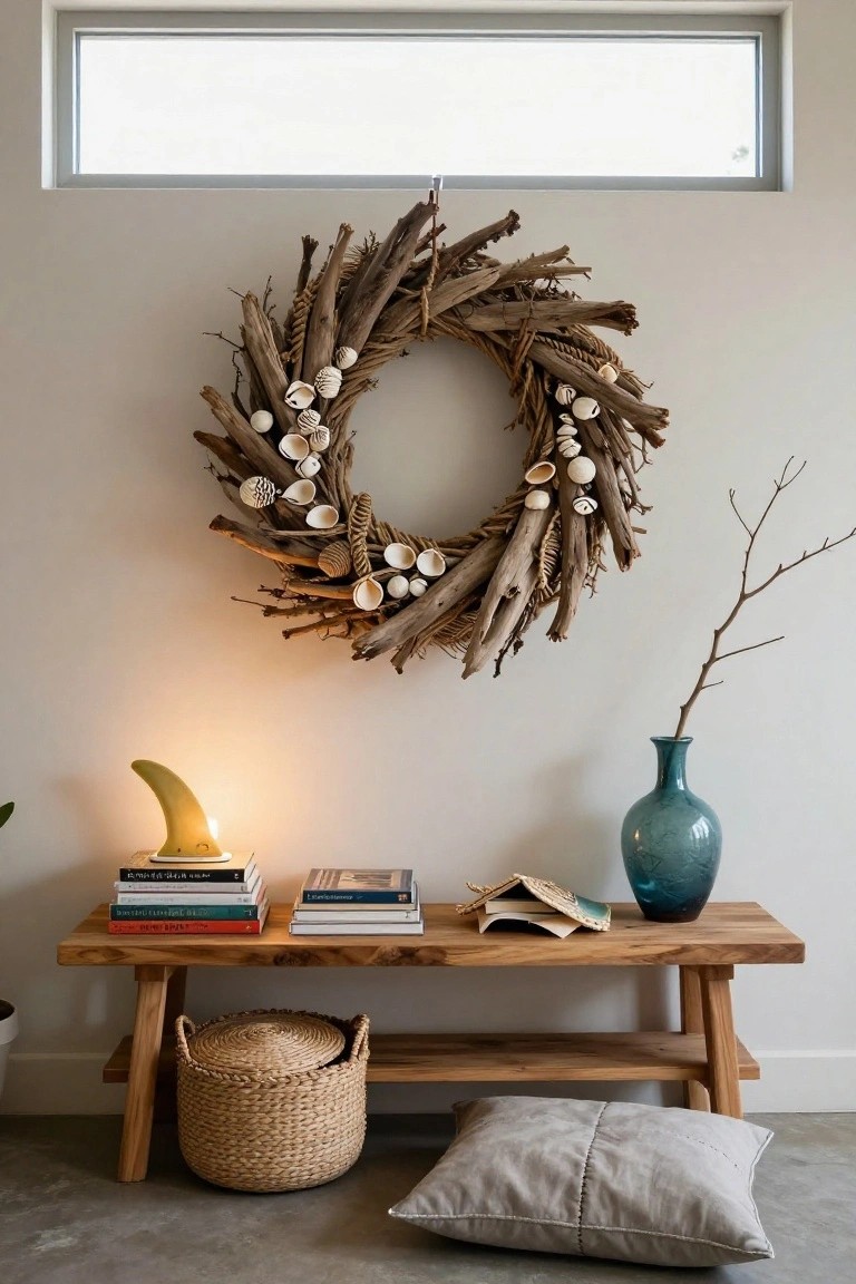 Driftwood wreath decorated with seashells hangs on a white wall above a wooden bench with stacked books, yellow lamp, open book, blue vase, woven basket, and gray floor pillow in a light interior space.