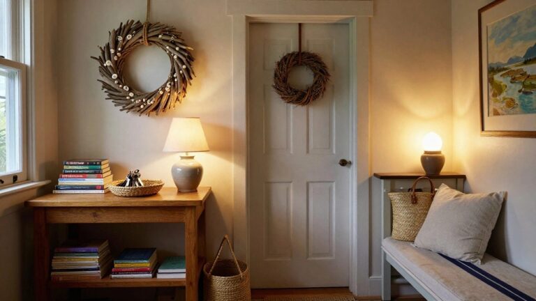 Corner of an interior entryway between two blue doors, with a wooden console bench holding a beige pillow, straw basket, lamp, books, and small painting, and a large driftwood wreath with shells hanging on the white wall.