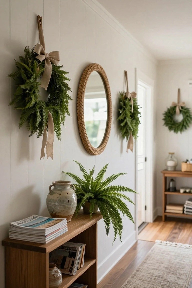 White shiplap hallway wall with three large hanging fern wreaths tied with beige ribbons, a round rattan mirror, wooden console table holding stacked magazines, a large terracotta vase with potted fern, small ceramics, and books, beside a white door on hardwood floor with jute rug.