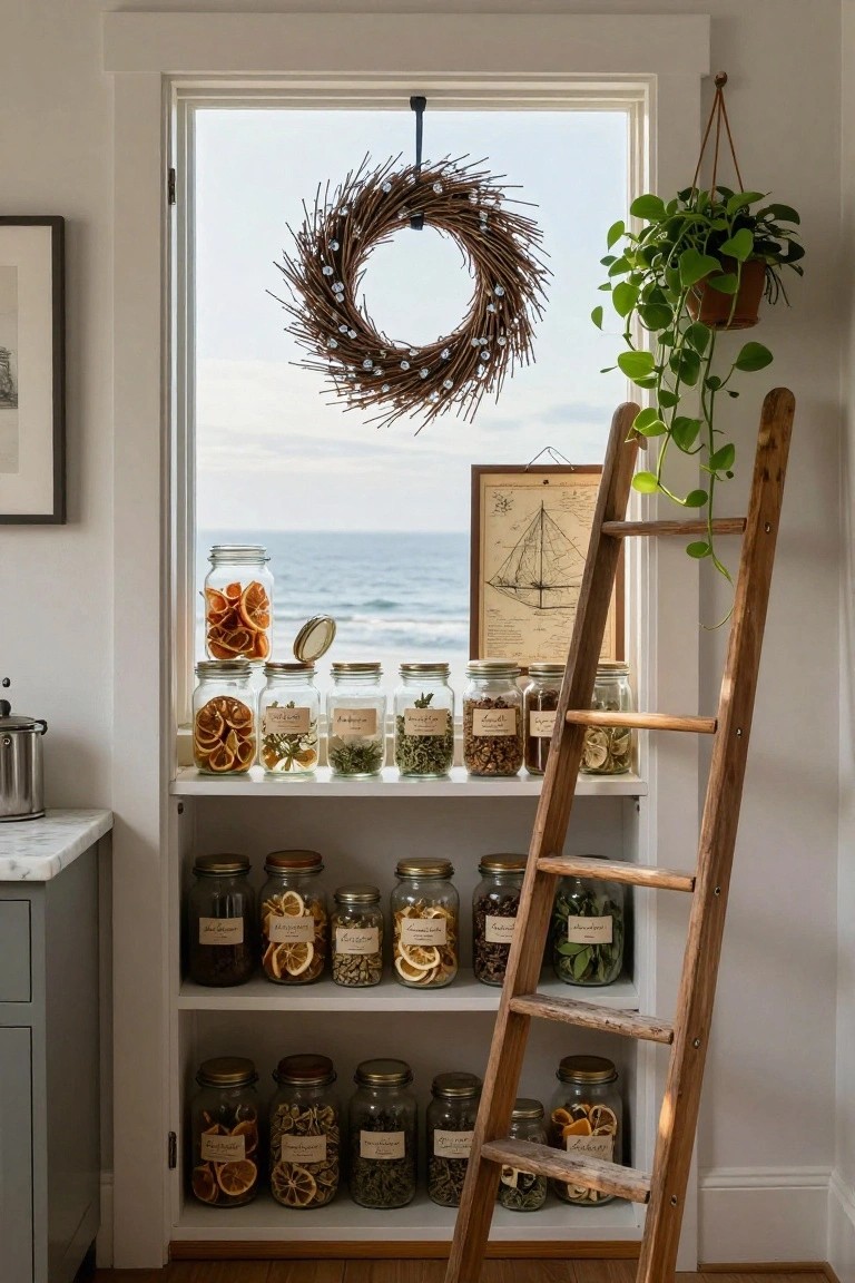 Kitchen window with a hanging twig wreath, shelves of jars containing dried oranges, herbs, and spices, a wooden ladder shelf, hanging plant, and ocean view outside.