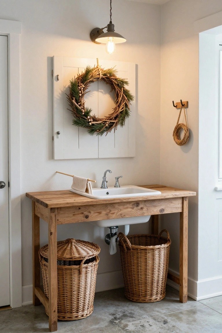 White paneled cabinet door in a bathroom corner with a wreath of pine, wheat, berries, and starfish hanging on it above a wooden vanity holding a white farmhouse sink flanked by two wicker laundry baskets.