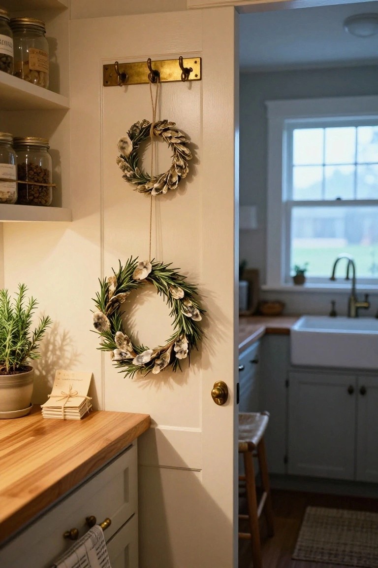 White pantry door with two hanging wreaths made of oyster shells and rosemary sprigs from brass hooks, next to kitchen cabinets, wooden counter, and shelves with glass jars.