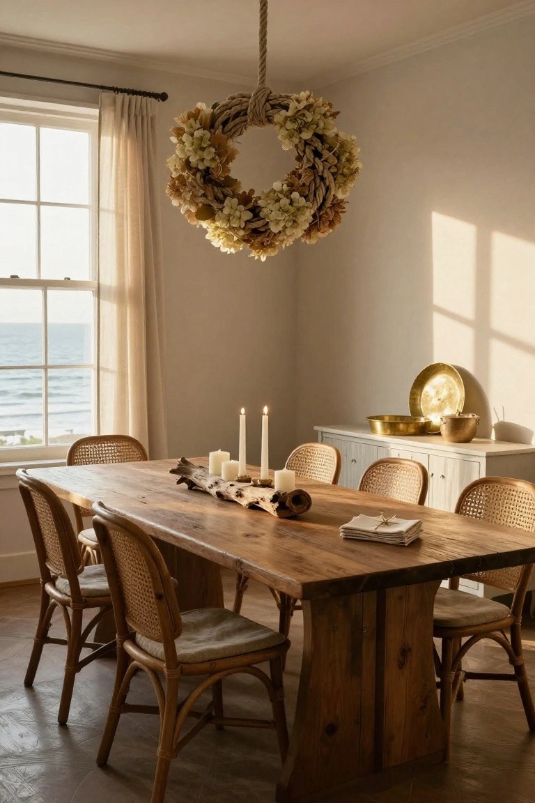 Dining room with wooden table and rattan chairs, rope wreath with dried flowers hanging from ceiling over table center, ocean view through window, brass bowls and plates on white sideboard.