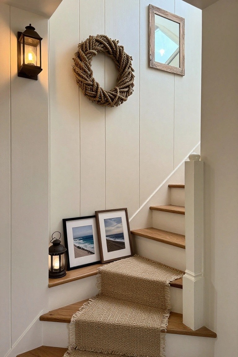 White shiplap-walled interior stairwell with a large rope wreath on the wall, two framed ocean photos on a wooden shelf, two lanterns, wooden steps with beige carpet runner, and a newel post finial.