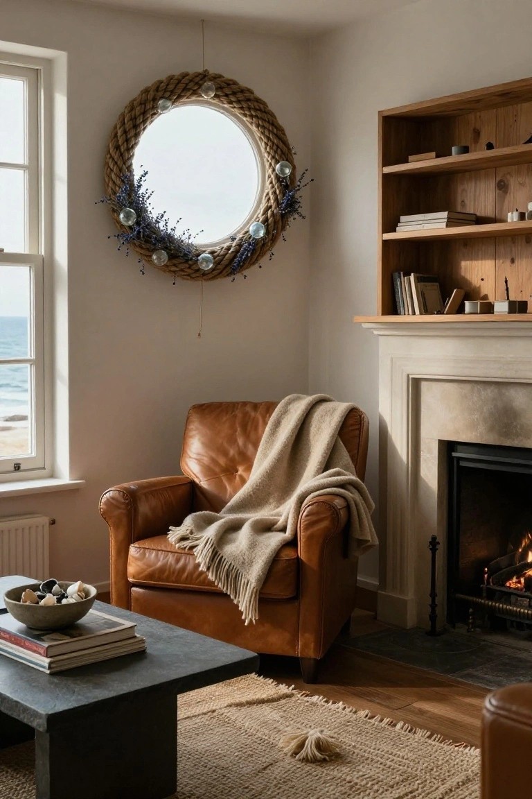 Cozy living room corner with a large rope wreath decorated with lavender sprigs and glass baubles hanging on white wall near window overlooking sea, leather armchair with throw by stone fireplace, wood bookshelves, low coffee table on wood floor with seagrass rug.