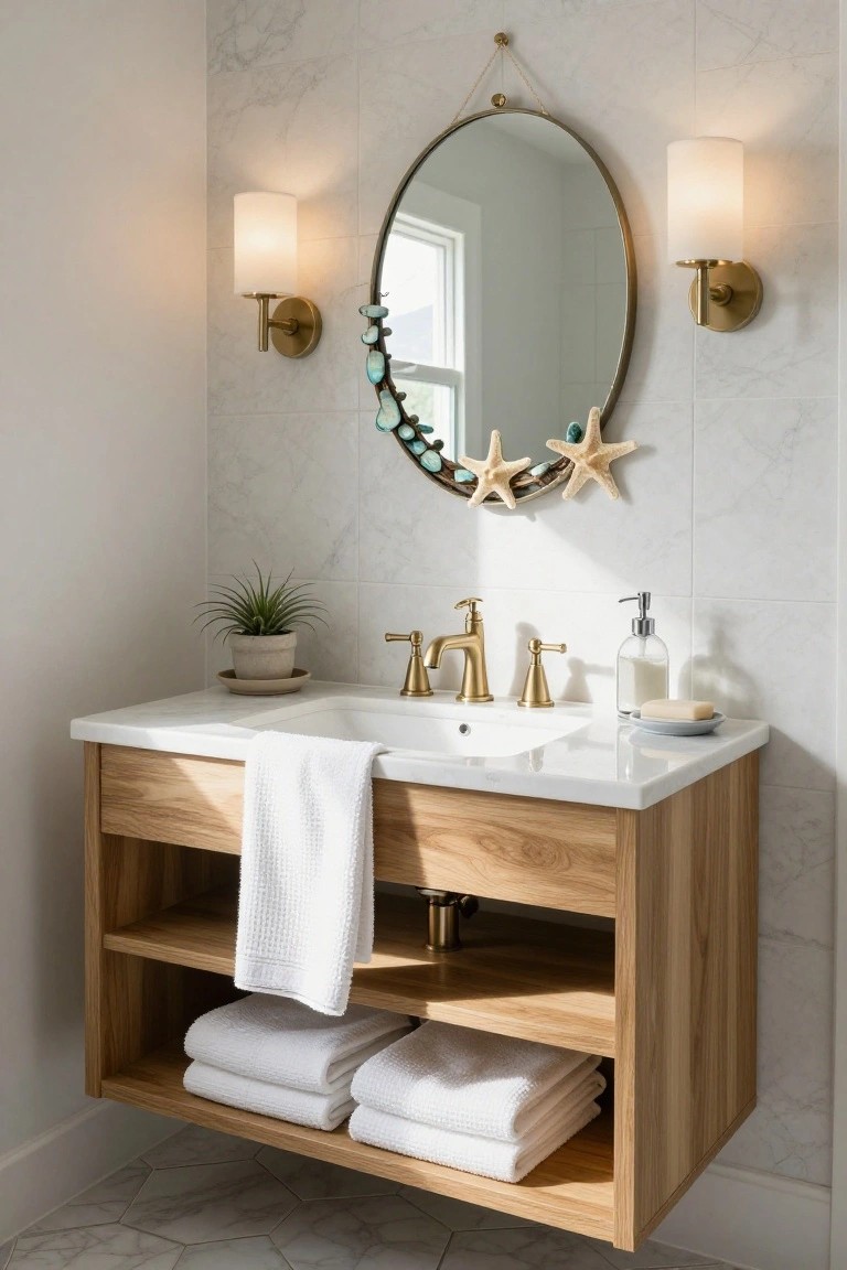 Bathroom vanity with floating oak cabinet, white sink, gold bridge faucet, round mirror framed by seashell and starfish garland, flanked by white drum sconces on marble tile wall, potted air plant, and stacked white towels.
