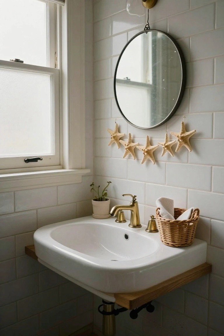 White bathroom vanity with rectangular sink, gold faucet, round metal-framed mirror with beige starfish garland hanging from it, white subway tile walls, frosted window, small plant in terracotta pot, and woven basket holding white towels.