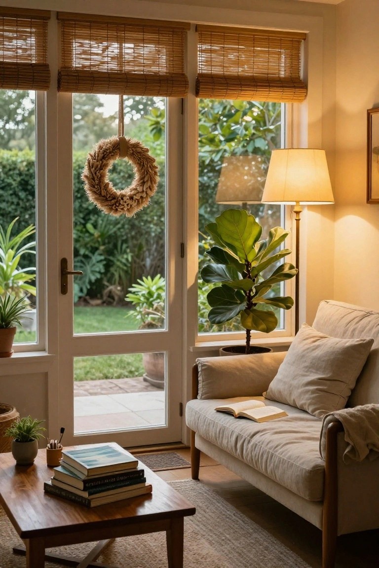 Light-filled interior room with beige linen sofa, wooden coffee table stacked with books, potted plants, floor lamp, bamboo blinds on windows, and a textured wheat wreath hanging on French doors opening to a green garden.
