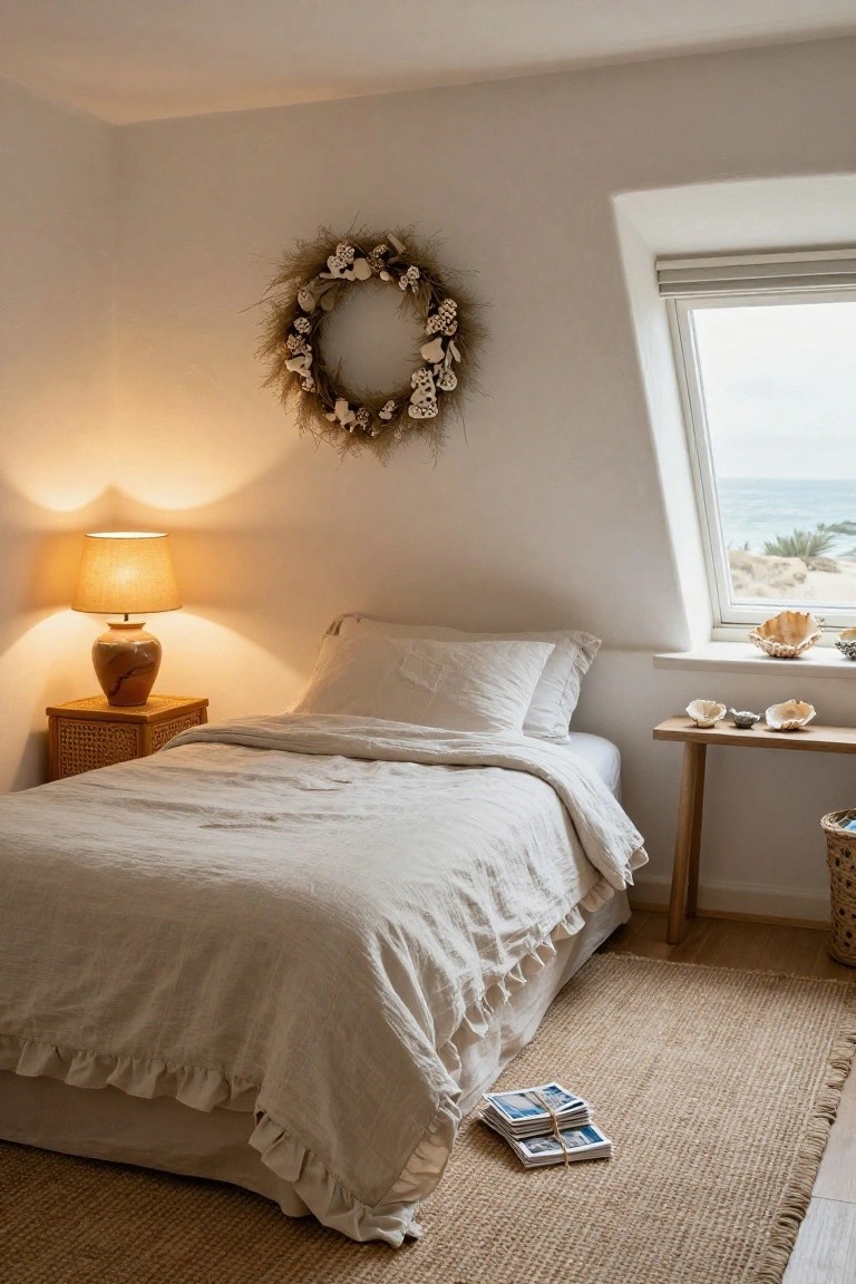 Cozy attic bedroom with white linen bed, rattan bedside table holding a terracotta lamp, large dried grass wreath with shells on white wall, wooden side table with seashells, and slanted window overlooking beach and ocean.