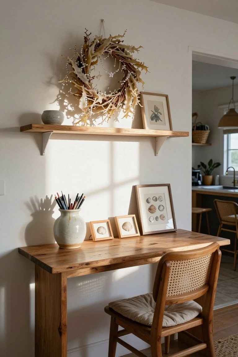 White-walled interior with a beige dried wreath hanging above a wooden floating shelf displaying a gray vase, shell frames, and art prints, next to a wooden desk with rattan chair and pencil vase, kitchen visible in background.
