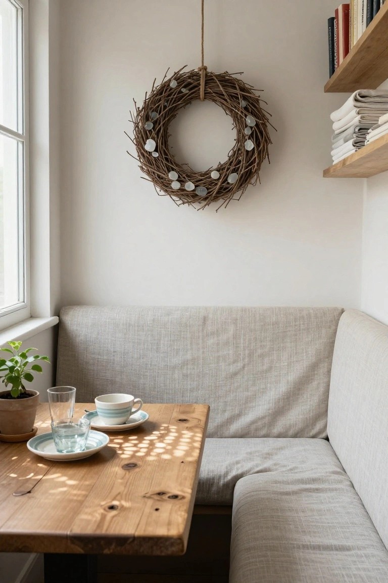 Light interior corner with gray linen bench seating around a wooden table set with a teacup, saucer, glass of water, and potted plant, plus a twig wreath with white beads hanging on the wall near a window and shelves above.