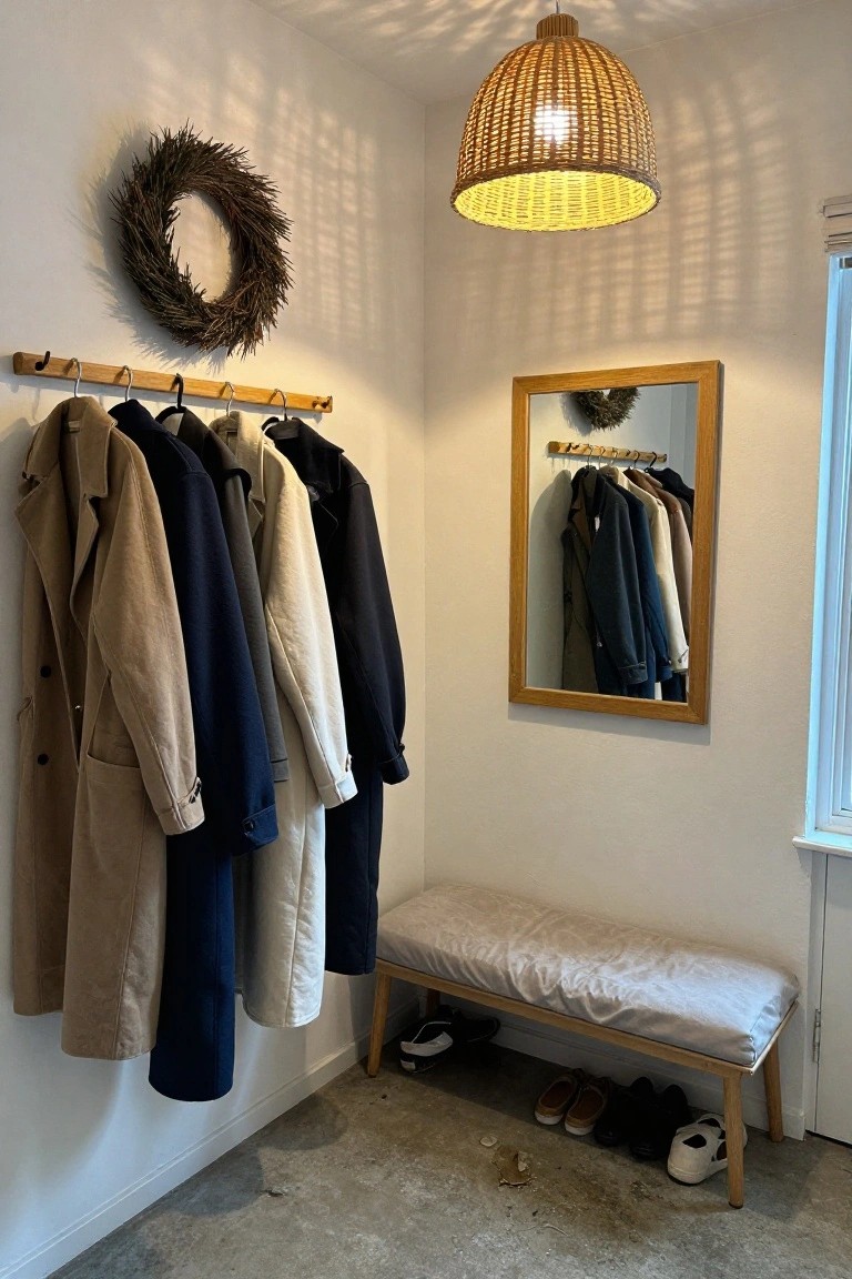 Indoor entryway corner with a dried grass wreath on the wall above wooden hooks holding beige, navy, white, and black coats and jackets, a gold-framed mirror reflecting the coats, a beige bench with shoes and slippers underneath, woven pendant light overhead, and concrete floor.