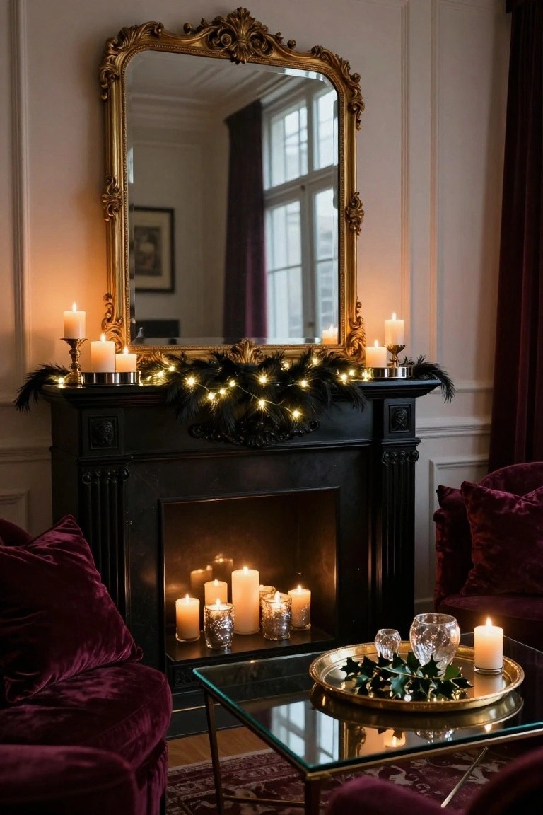 A black fireplace mantel decorated with black feather garland strung with fairy lights and flanked by brass candlesticks holding white candles, with a large gold-framed mirror above and purple velvet armchairs nearby.