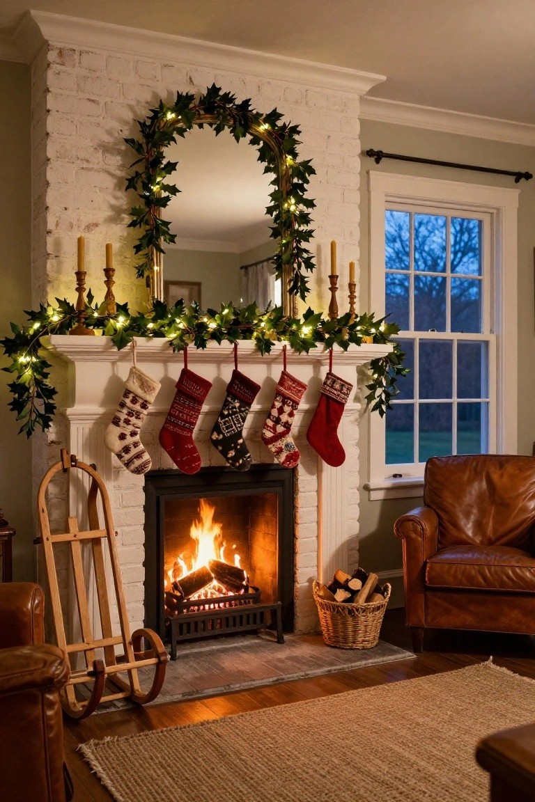 White brick fireplace mantel decorated with holly garland, fairy lights, candles, and assorted colorful knitted stockings hanging from it, with a fire burning inside and leather chairs and a log basket nearby.