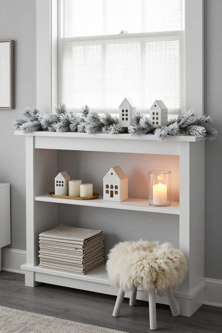 White console table under a window with frosted greenery garland, white house ornaments, candles in glass and on gold tray, stacked linens, and fluffy stool beside it on wood floor.