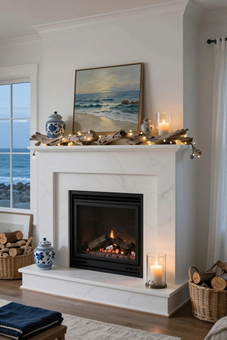 White marble fireplace mantel with gas fire lit, decorated by driftwood garland with fairy lights, blue and white ceramic vases, candles, seascape painting above, firewood baskets on floor, and ocean view through nearby window.