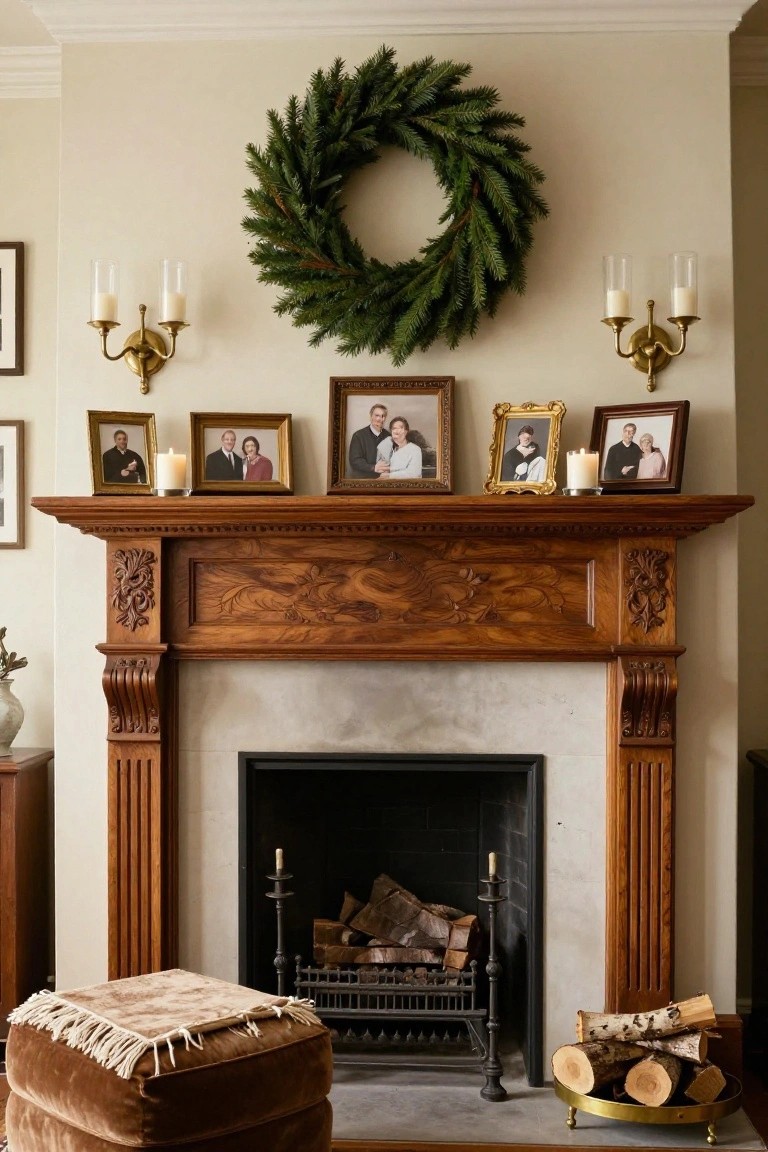 Evergreen Wreath Above Family Photos